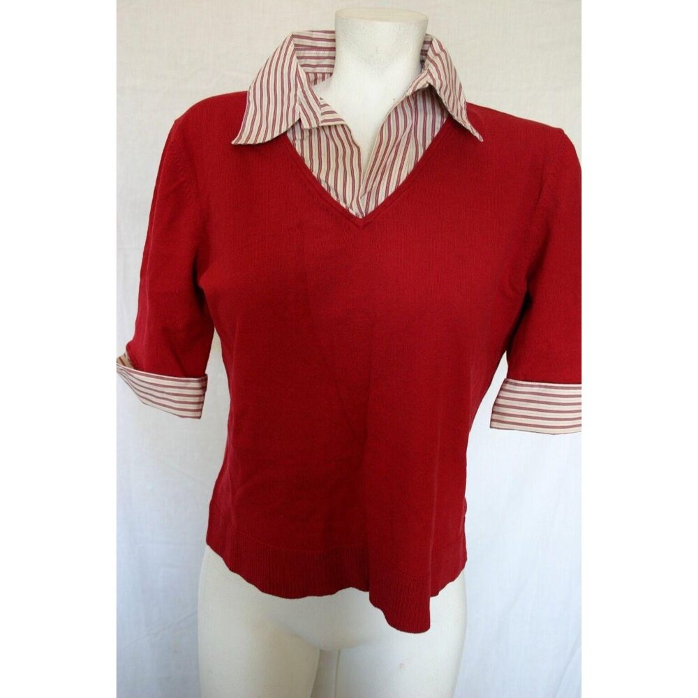 Spenser Jeremy Womens Red V-Neck Faux Layer Sweater Striped Collar Size Large